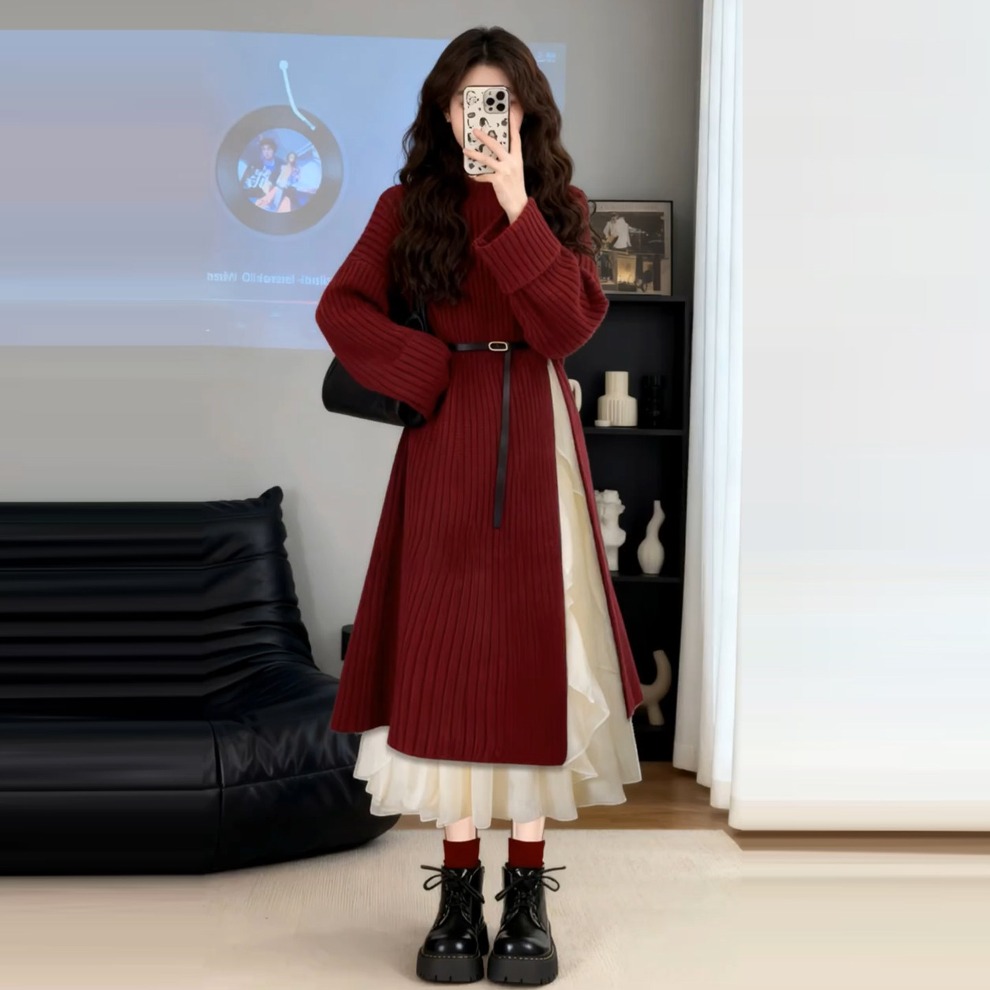 咖色坑条开叉毛衣连衣裙子女冬季连衣裙