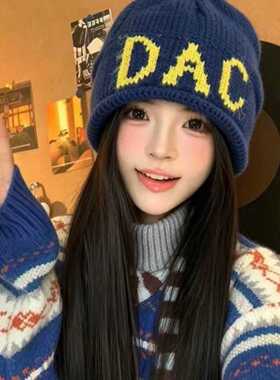柔桑集秋冬女新款韩系小众字母卷边针织毛线帽子防寒保暖包头冷帽