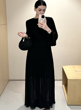 ZhangSutong黑色雪纺连衣裙女2025年夏季新款褶皱气质时尚长裙子