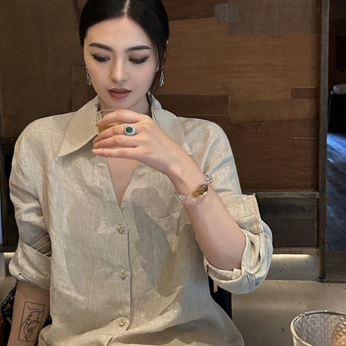 ZhangSutong时尚套装女2025春季新款亚麻衬衫阔腿裤亚麻色两件套