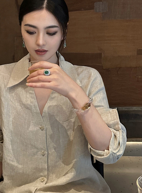 ZhangSutong时尚套装女2025春季新款亚麻衬衫阔腿裤亚麻色两件套