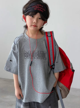 2026夏季B家破洞短袖上衣潮酷刺绣男童男孩儿童圆领打底衫欧洲站