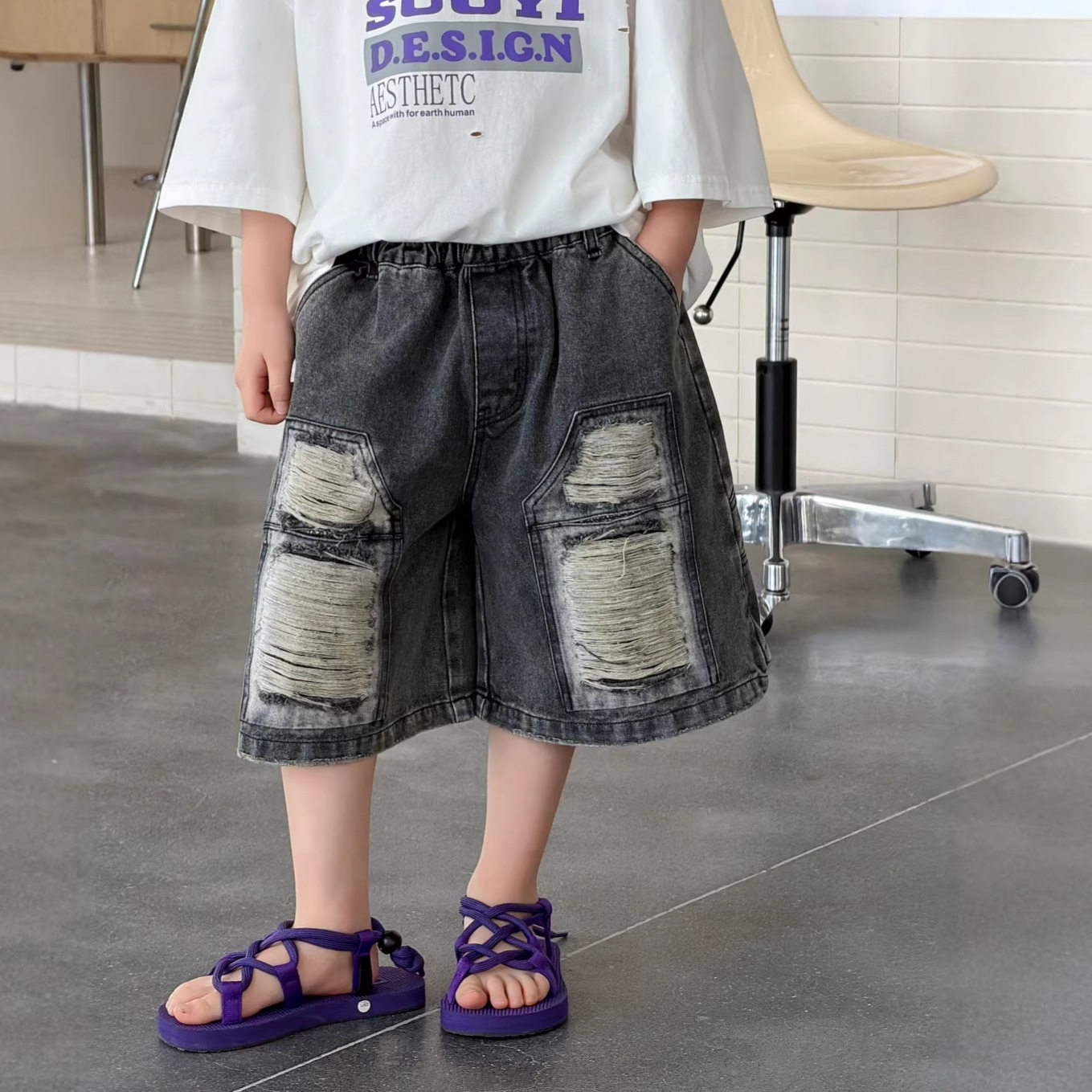 2026夏季工装做旧磨破短裤中童牛仔短裤男童男孩街头美式复古设计