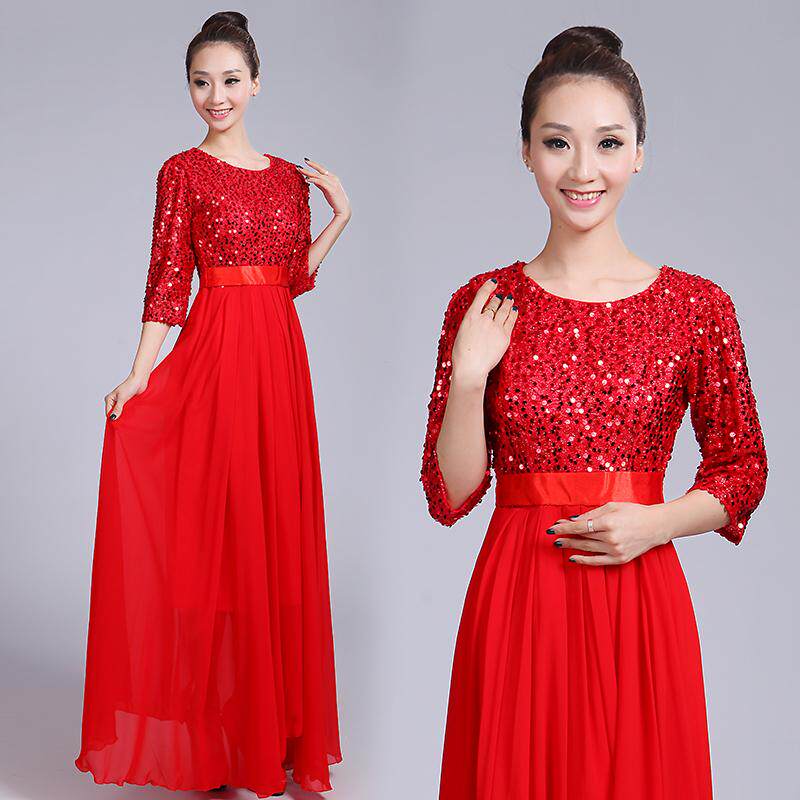 舞台大合唱演出服女士合唱服装红歌合唱服雪纺亮片长裙
