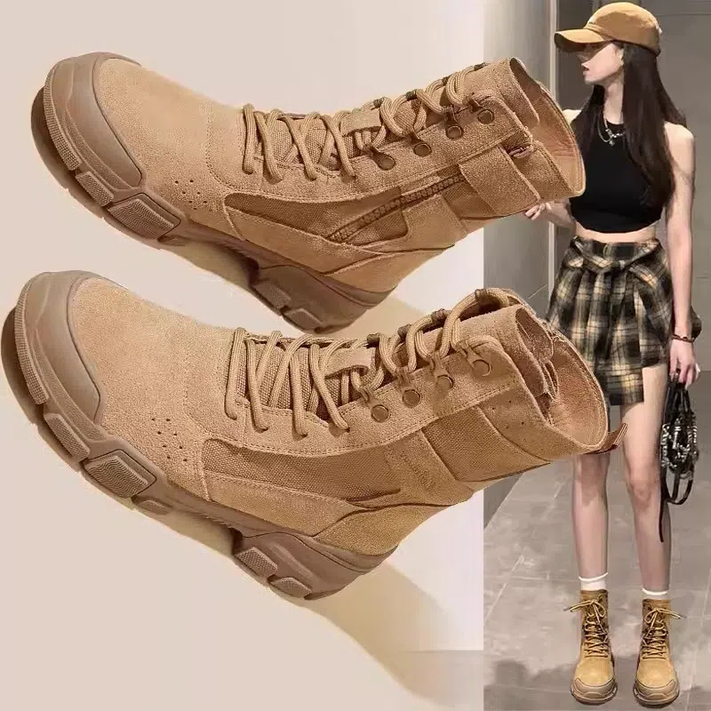 帆布马丁靴女真皮厚底短靴