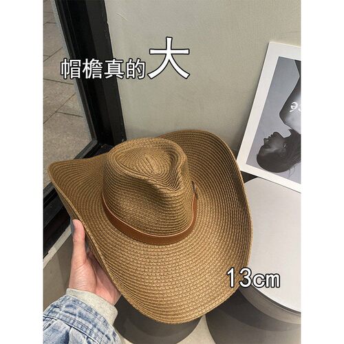 大帽檐西部牛仔带抽绳登山渔夫帽女夏草编户外钓鱼遮阳帽大头围男