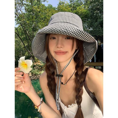 韩系千鸟格子防晒渔夫帽女夏季薄款可折叠大檐遮阳帽遮脸太阳帽子