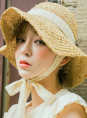 帽子女夏韩版绑带蕾丝草帽女沙滩