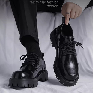 德比鞋圆头大头鞋黑色工装鞋通勤休闲头层牛皮鞋男款厚底增高真皮