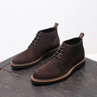 牛皮磨砂真皮切尔西短靴男鞋秋冬新款时尚英伦风系带翻毛皮中帮鞋