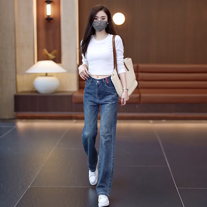 蓝色窄版直筒牛仔裤女春季2026新款复古高腰显瘦宽松垂感阔腿裤子