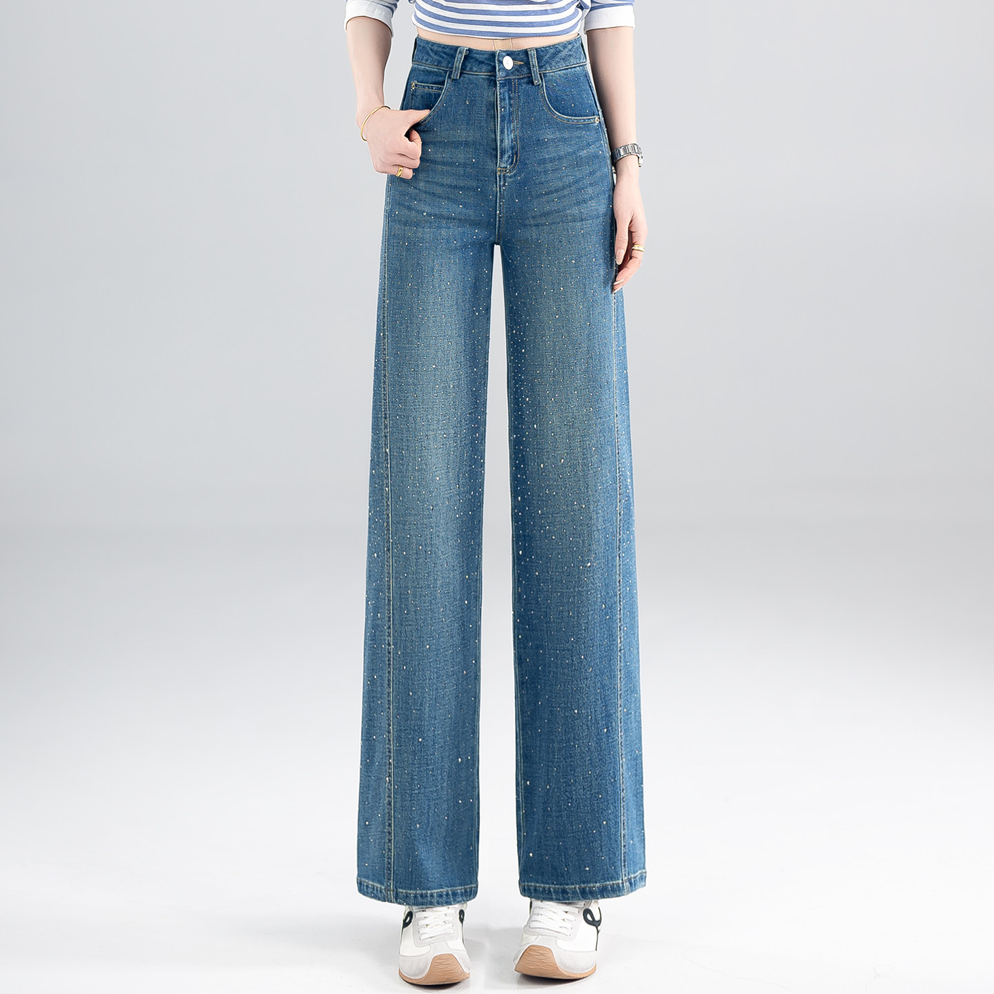满天星烫钻九分阔腿牛仔裤春秋2026新款显瘦宽松遮肉窄版直筒长裤