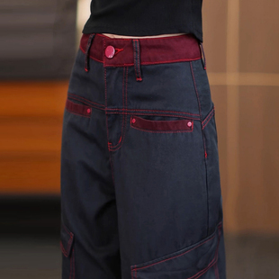 牛仔裤 阔腿多口袋香蕉裤 女2025年春秋季 美式 子 新款 藏青色弯刀工装