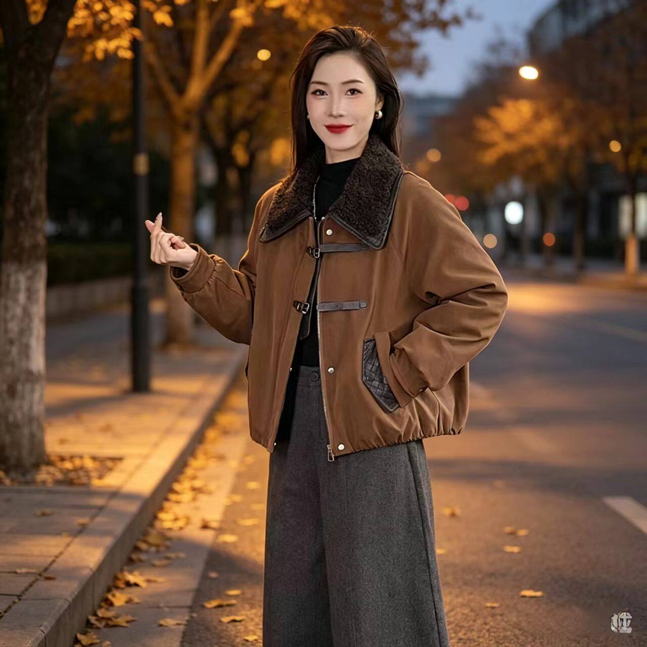 翻领派克服女秋冬小个子加绒棉服
