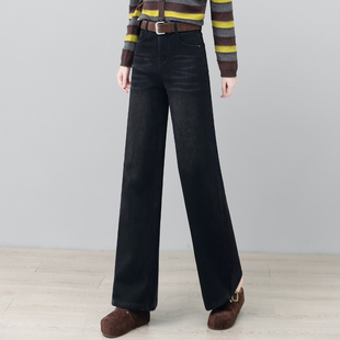 加绒黑灰色牛仔直筒裤女秋冬2025新款复古宽松休闲加厚窄版阔腿裤