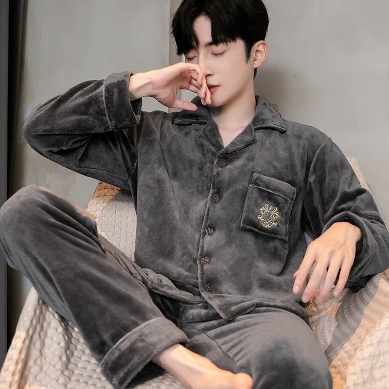 青中年男士睡衣秋冬季长袖加厚保暖珊瑚绒法兰绒冬款可出门家居服