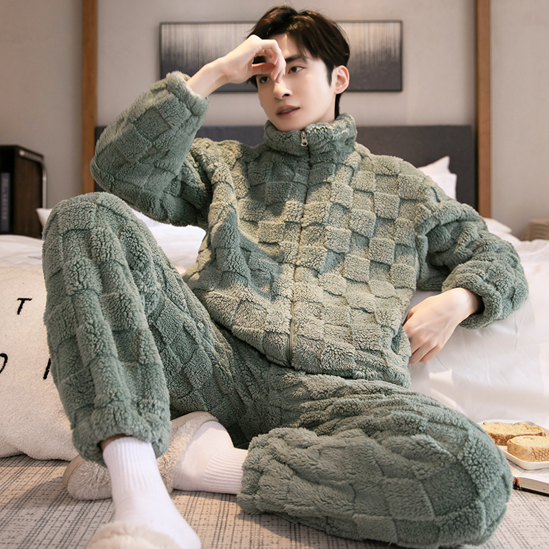 男款珊瑚绒加绒加厚保暖家居服