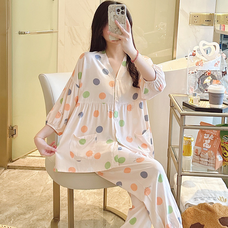 春夏款女士睡衣大码宽松夏天绵绸女款家居服清新可爱学生绵绸套装