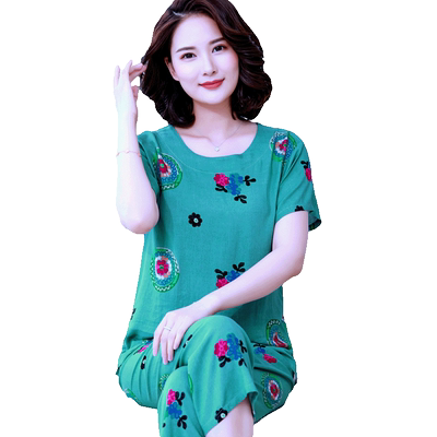 睡衣女夏季大码圆领中老年女士