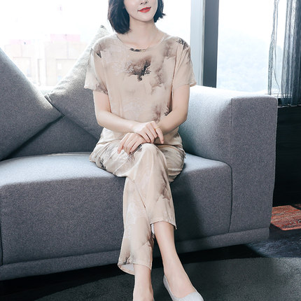 中国风夏季短袖薄款棉绸女士睡衣大码宽松中老年妈妈装夏款家居服