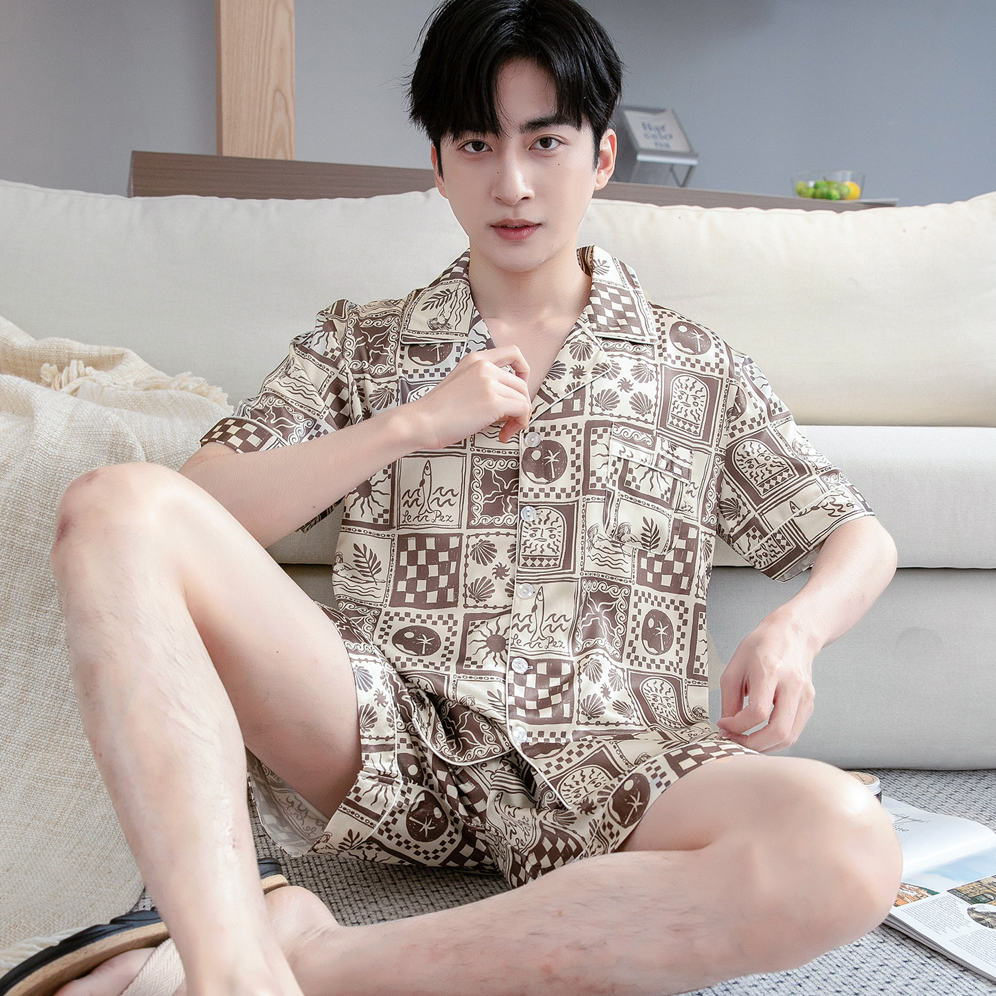 睡衣男款2026新款夏季短袖薄款冰丝男套装大码宽松休闲丝绸家居服