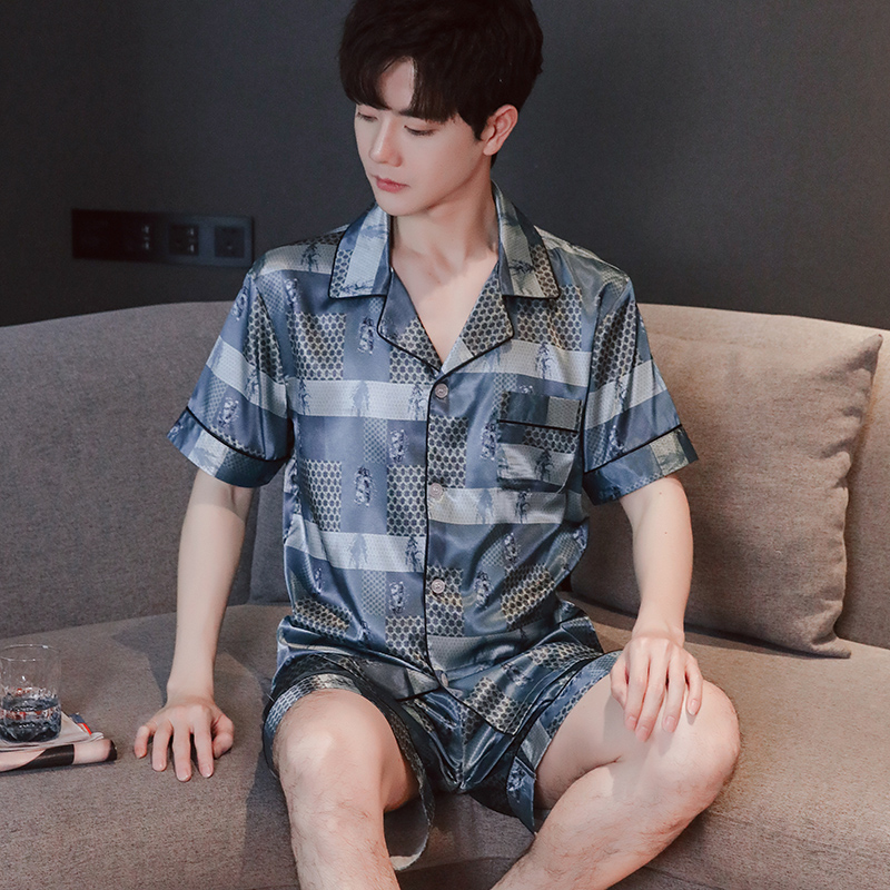 睡衣男夏季薄款冰丝短袖青中年可外穿大码休闲男士丝绸家居服套装