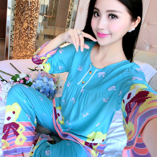 女士夏季棉绸睡衣家居服韩版长袖长裤宽松薄款绵绸可爱卡通套装女