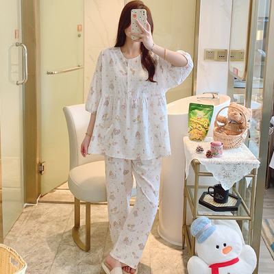 大码人棉女士睡衣夏季七分袖套装