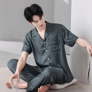 2025夏季新款睡衣男士夏天丝绸短袖长裤家居服男款冰丝可外穿套装