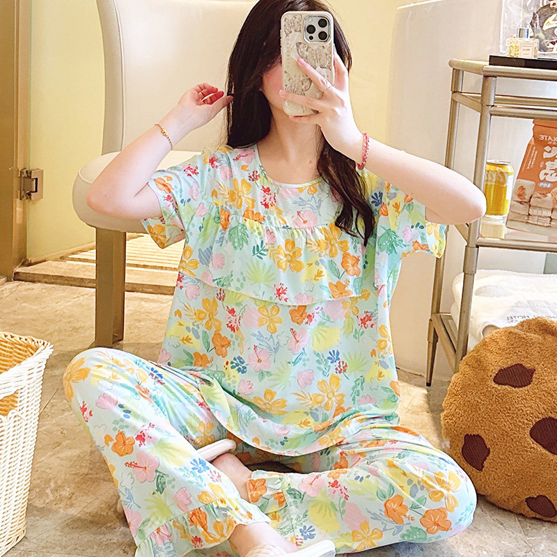 人棉女士睡衣夏季短袖长裤女款套装宽松清新棉绸2026年新款家居服