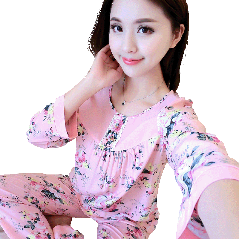 夏季女士睡衣绵绸长袖棉绸空调
