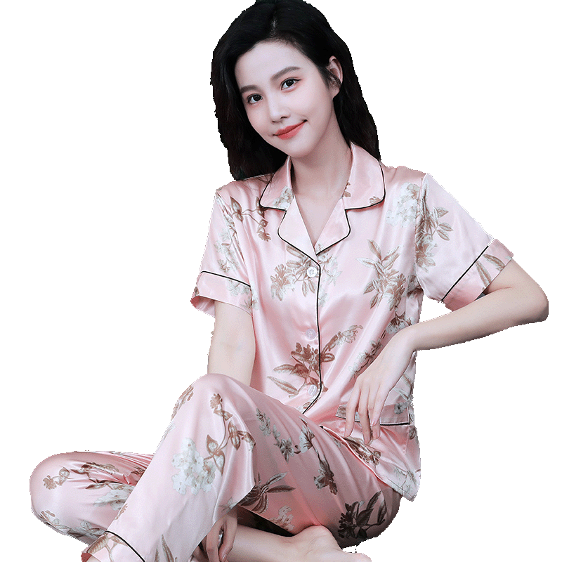 夏季冰丝睡衣女春秋短袖长裤薄款