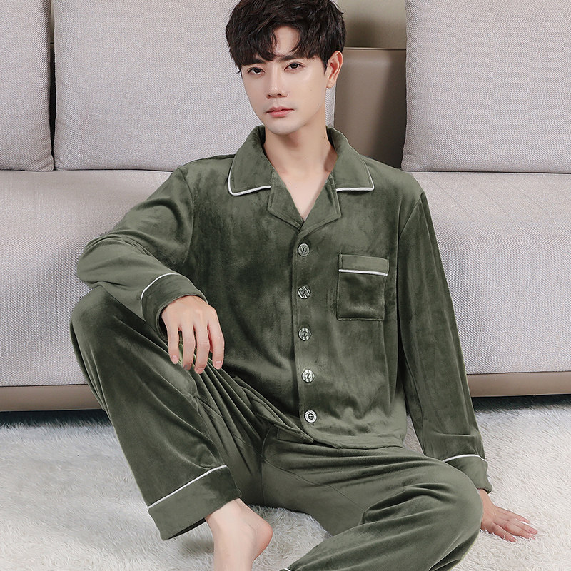 海岛绒睡衣男秋冬季长袖加厚保暖珊瑚绒男款套装宽松可外穿家居服