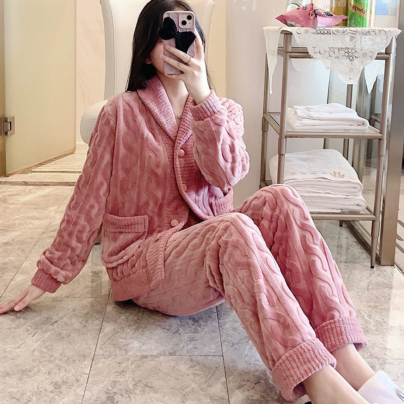 加厚珊瑚绒女士睡衣秋冬季宽松简约开衫女款保暖法兰绒家居服套装