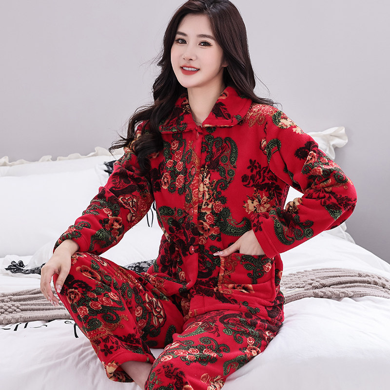 睡衣女秋冬季加厚保暖珊瑚绒女款套装大码宽松春秋法兰绒家居服女
