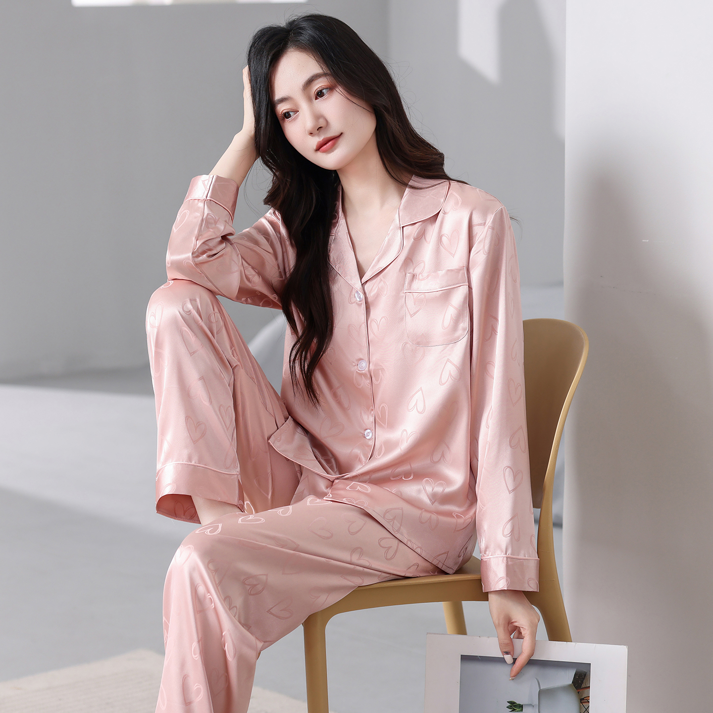 2025夏季新款宽松简约清新女士睡衣春秋长袖长裤薄款冰丝丝绸套装