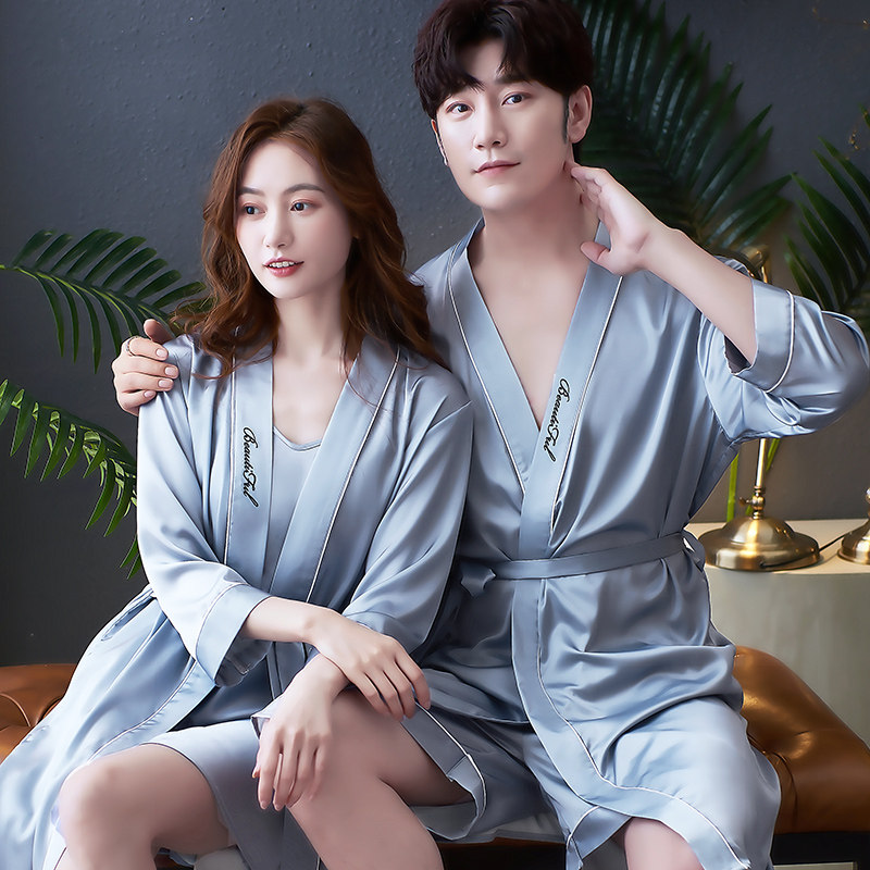 春夏季情侣丝绸睡衣睡袍女长袖薄款丝质2023年新款大码男士家居服