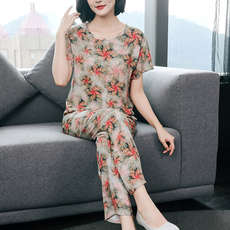 人造棉短袖薄款印花可外穿睡衣女