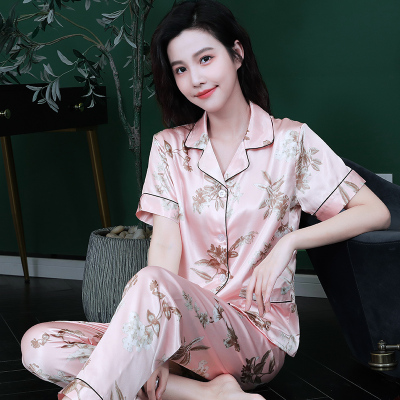 夏季冰丝睡衣女春秋短袖长裤薄款