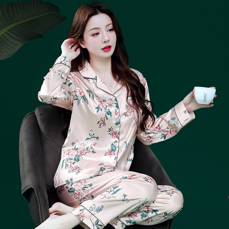 睡衣女款春秋夏季长袖薄款冰丝丝绸女士高级感甜美可爱家居服套装