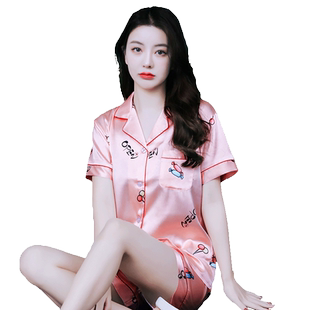 睡衣女夏季薄款冰丝丝绸女士睡衣套装大码休闲可爱甜美春秋家居服