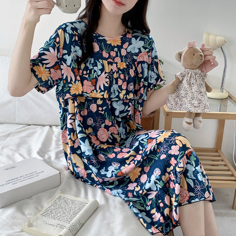 短袖睡裙女夏季薄款棉绸女士睡衣家居服学生可爱甜美印花绵绸睡裙