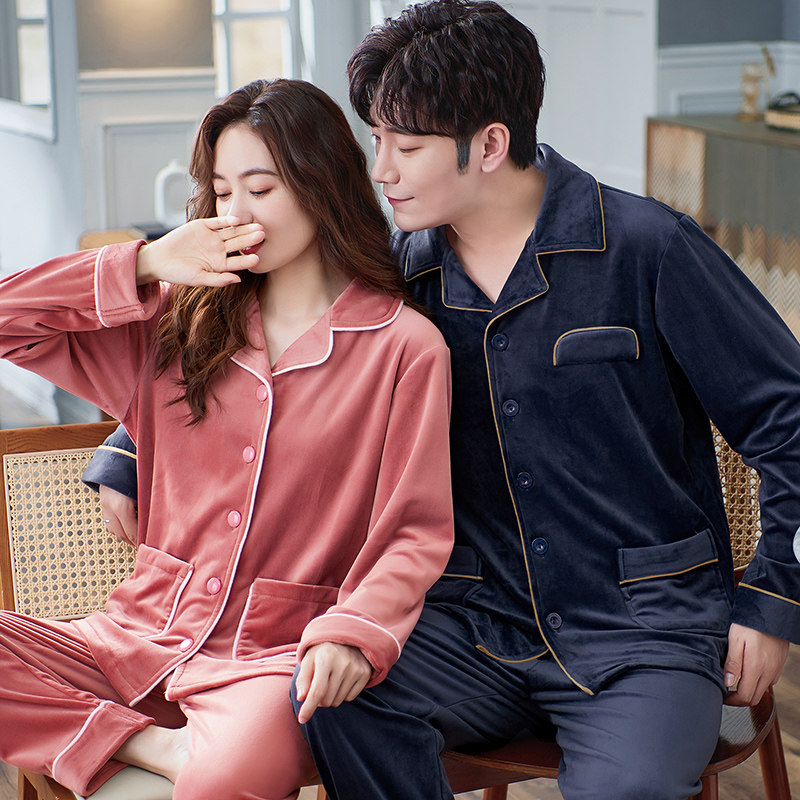 秋冬款情侣珊瑚绒睡衣女士春秋大码海岛绒套装男冬季法兰绒家居服