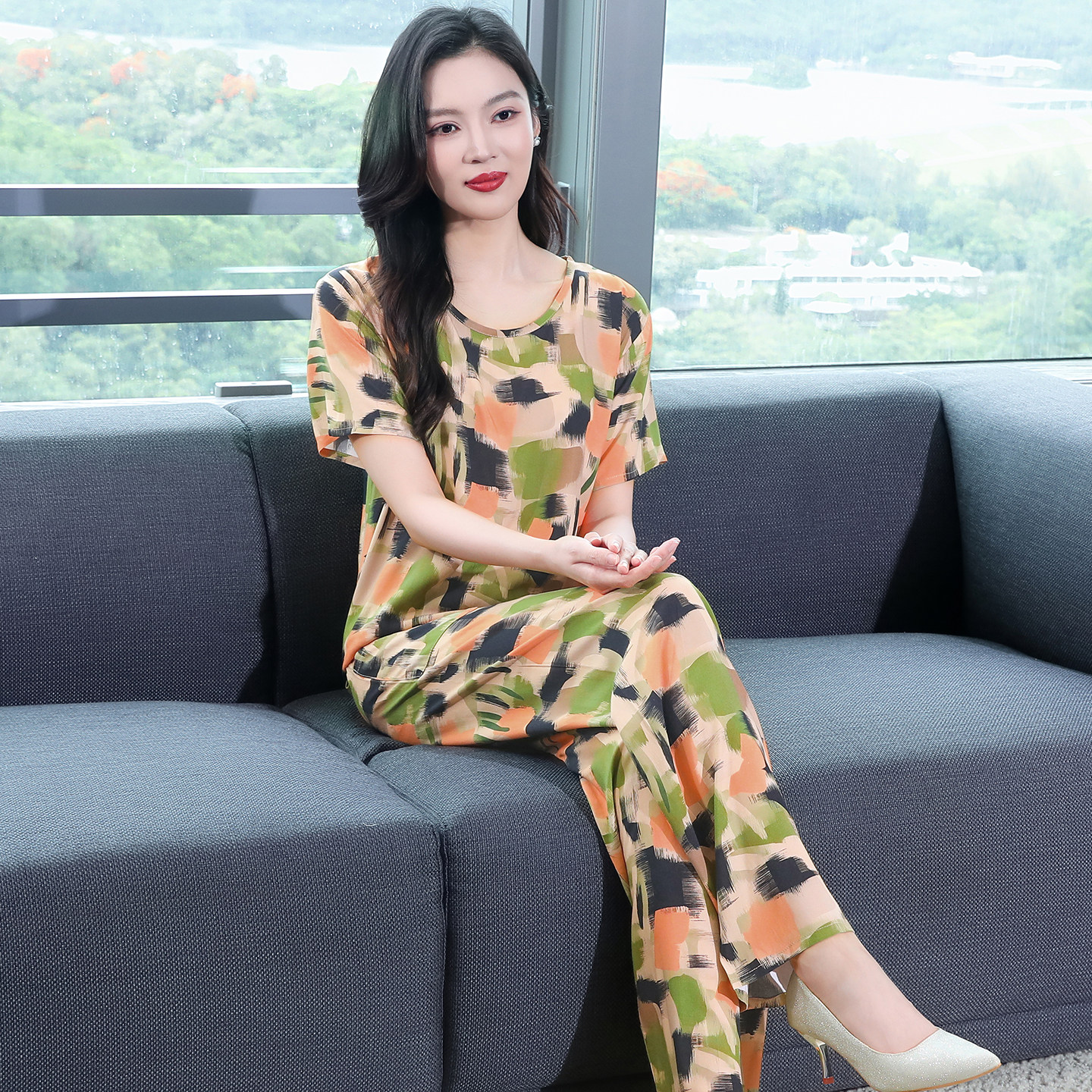 中老年女士夏季棉绸短袖睡衣套装