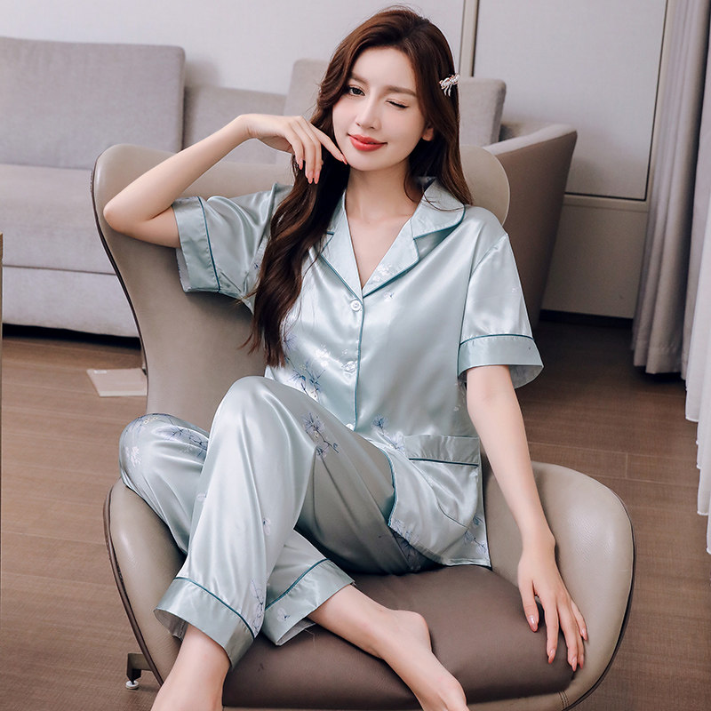 2026年新款冰丝薄款女士睡衣套装大码宽松丝绸夏季女款印花家居服
