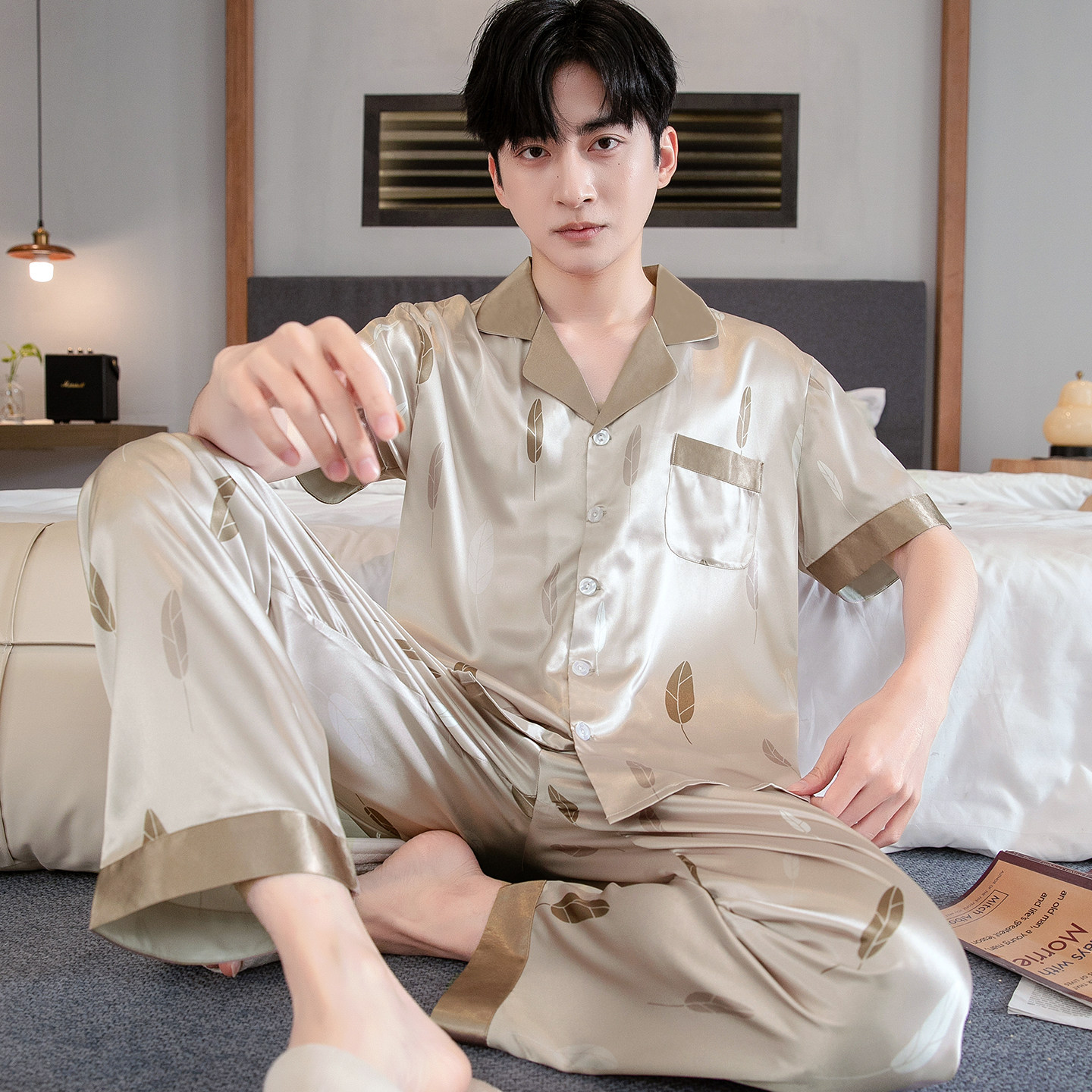 睡衣男夏短袖长裤薄款冰丝套装大码宽松休闲男款春夏季丝绸家居服