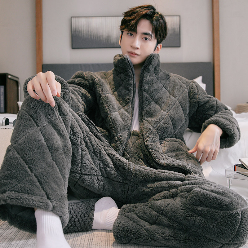男款珊瑚绒夹棉加厚冬款家居服