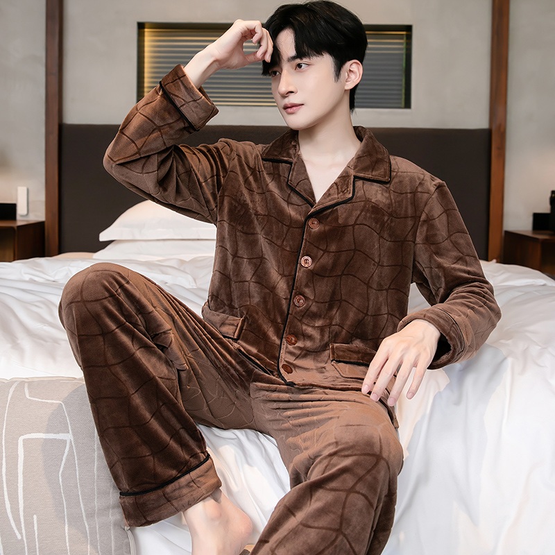 秋冬新款长袖保暖海岛绒男士睡衣