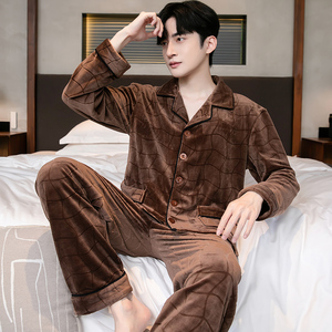 珊瑚绒睡衣男秋冬季长袖保暖薄绒海岛绒男款可外穿休闲家居服套装