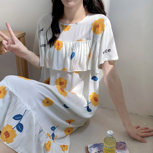 防凸点棉绸睡裙女夏季薄款睡衣甜美可爱短袖人棉绵绸大码家居裙女